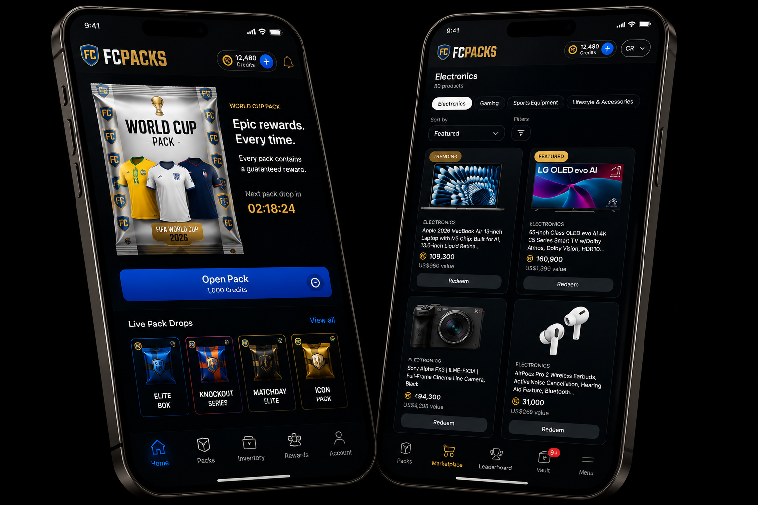 The FCPacks app running on PackOS: a reward pack home screen with a World Cup pack and live pack drops, alongside a marketplace of redeemable products