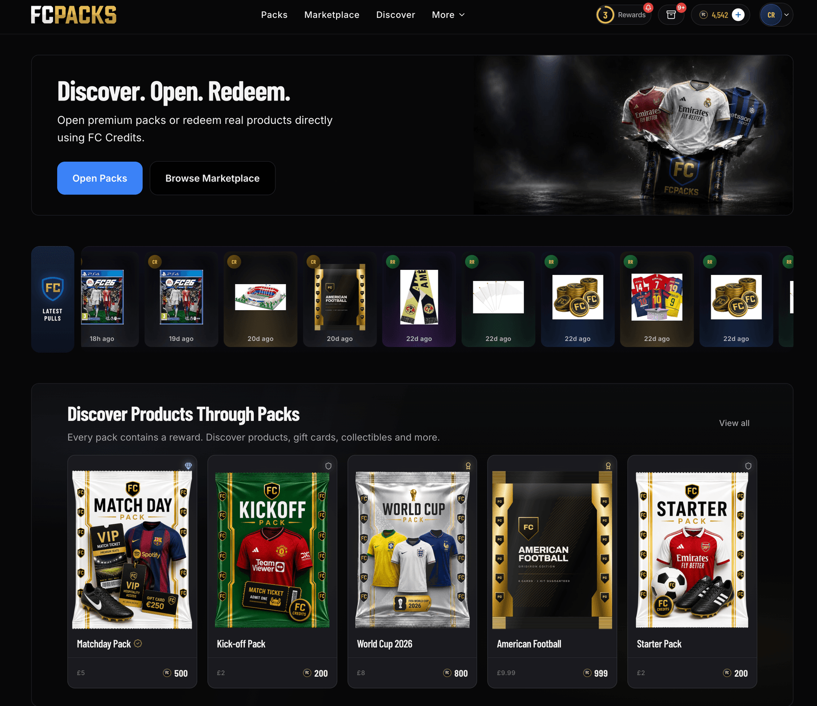 The live FCPacks platform: a production fandom economy with packs, wallets, and real-product redemption running on PackOS