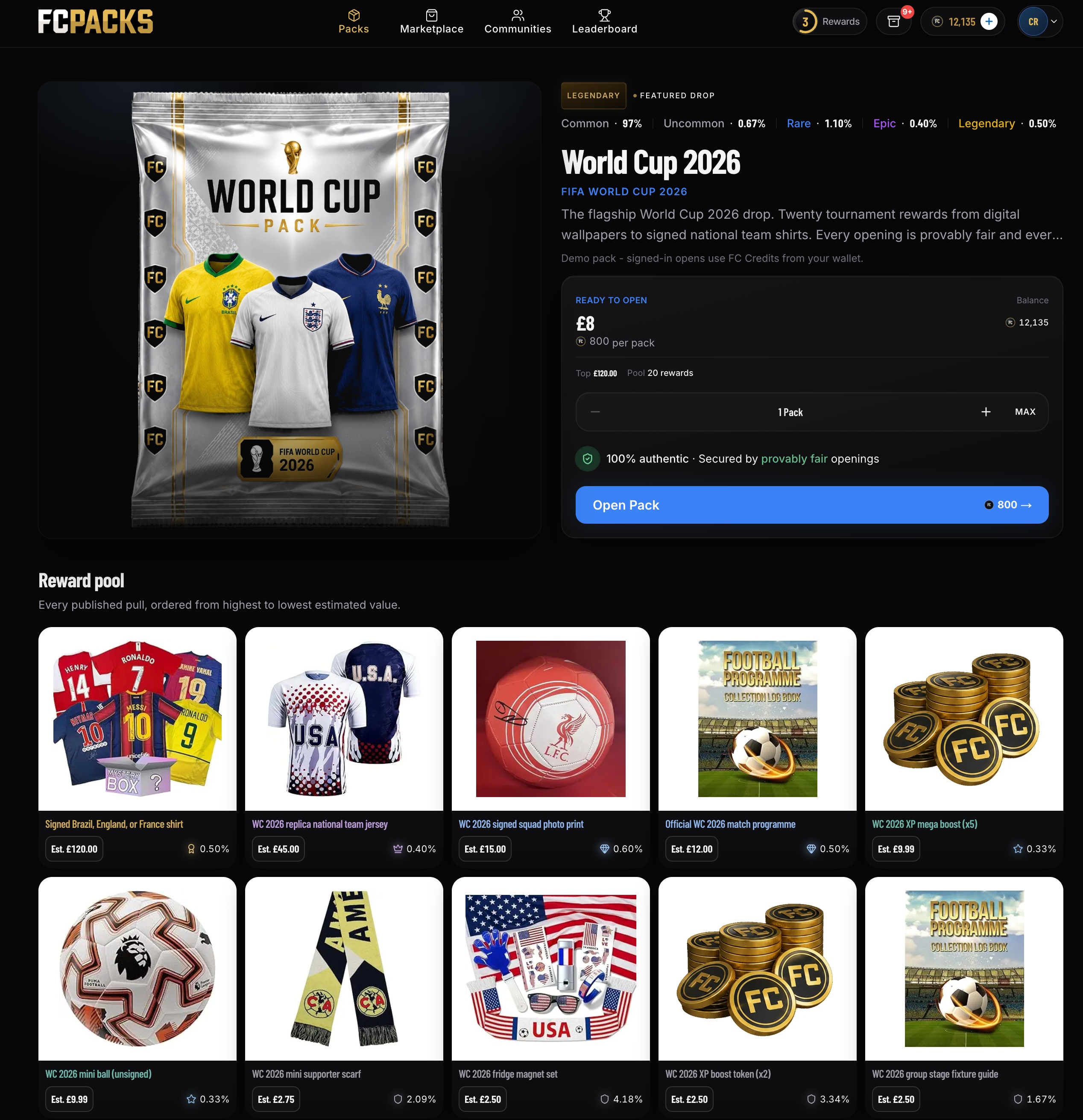 The FCPacks pack detail page running on PackOS: a World Cup 2026 mystery pack with FC Credits wallet balance, provably fair authenticity, an Open Pack action and a full reward pool grid